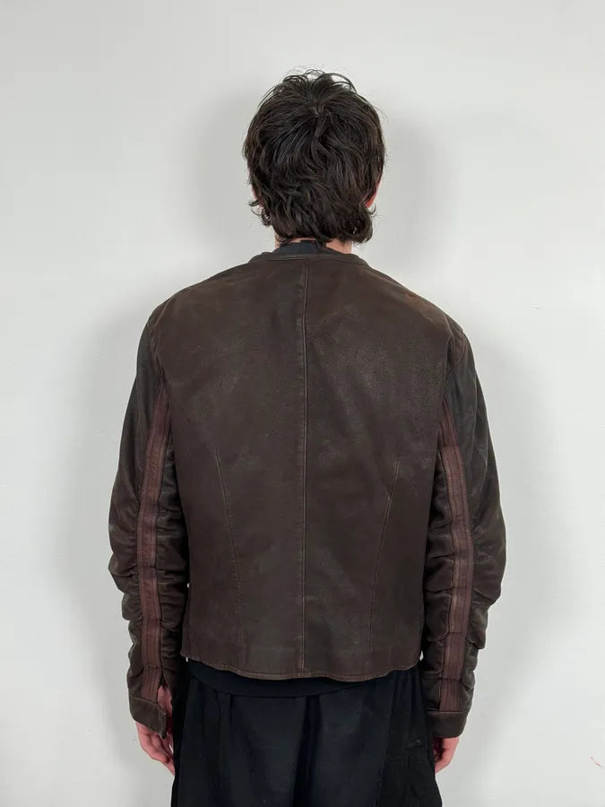 AW2003 Emporio Armani Brown Grained Leather Biker Jacket HSAUgoQ 2