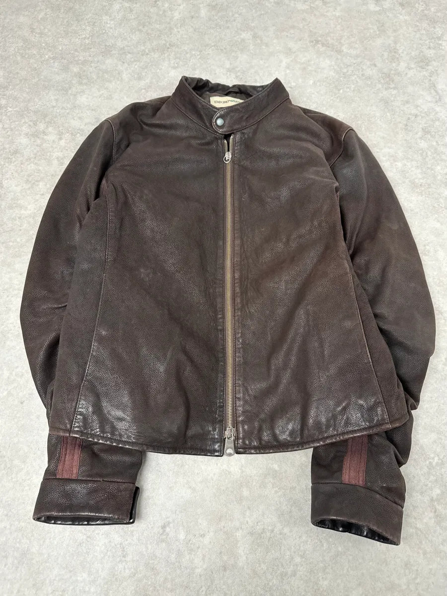 AW2003 Emporio Armani Brown Grained Leather Biker Jacket HSAUgoQ 3