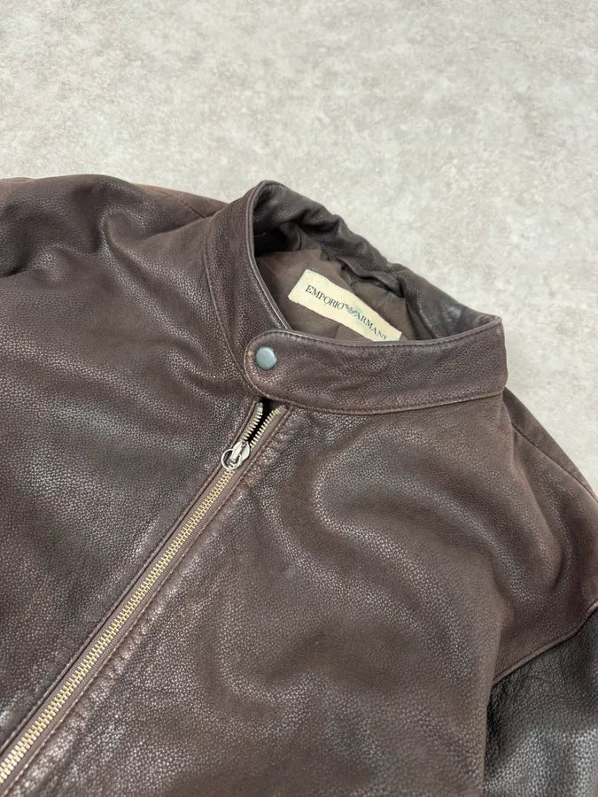 AW2003 Emporio Armani Brown Grained Leather Biker Jacket HSAUgoQ 4