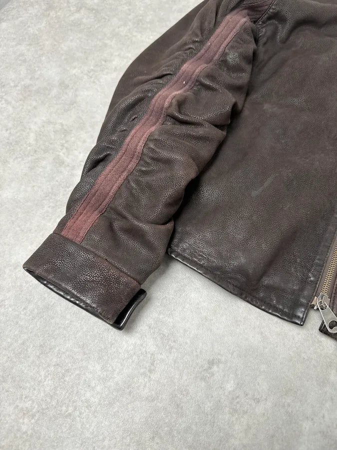AW2003 Emporio Armani Brown Grained Leather Biker Jacket HSAUgoQ 5