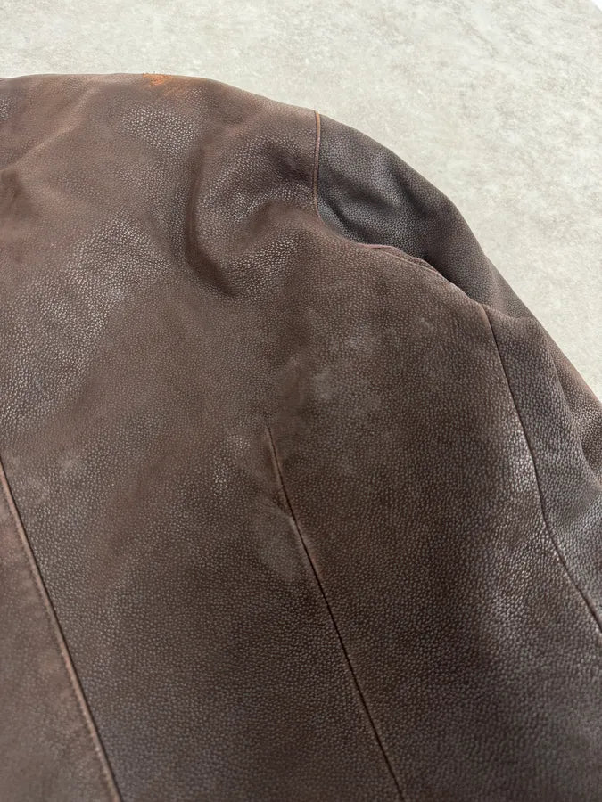 AW2003 Emporio Armani Brown Grained Leather Biker Jacket HSAUgoQ 7