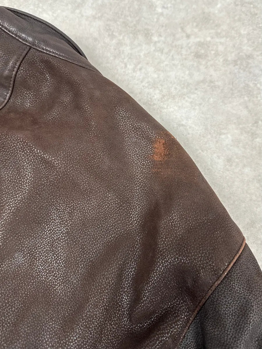 AW2003 Emporio Armani Brown Grained Leather Biker Jacket HSAUgoQ 8