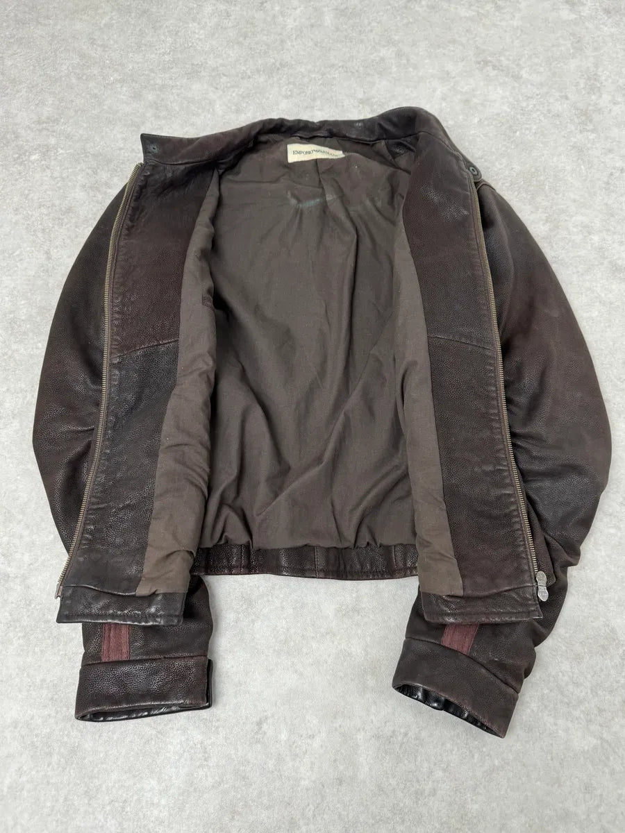 AW2003 Emporio Armani Brown Grained Leather Biker Jacket HSAUgoQ 9