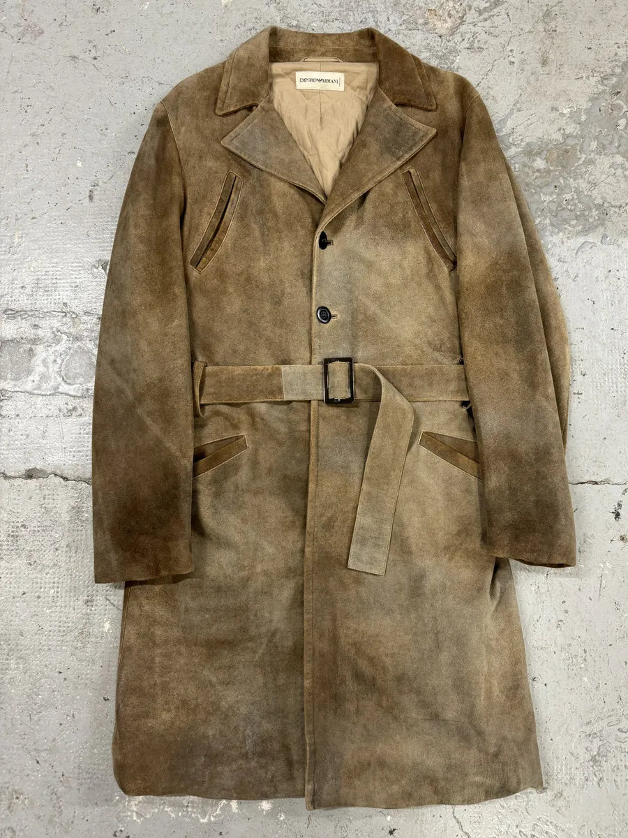 AW2003 Emporio Armani Eroded Brown Suede Leather Trench Coat  (M) FyXcOPJ 0