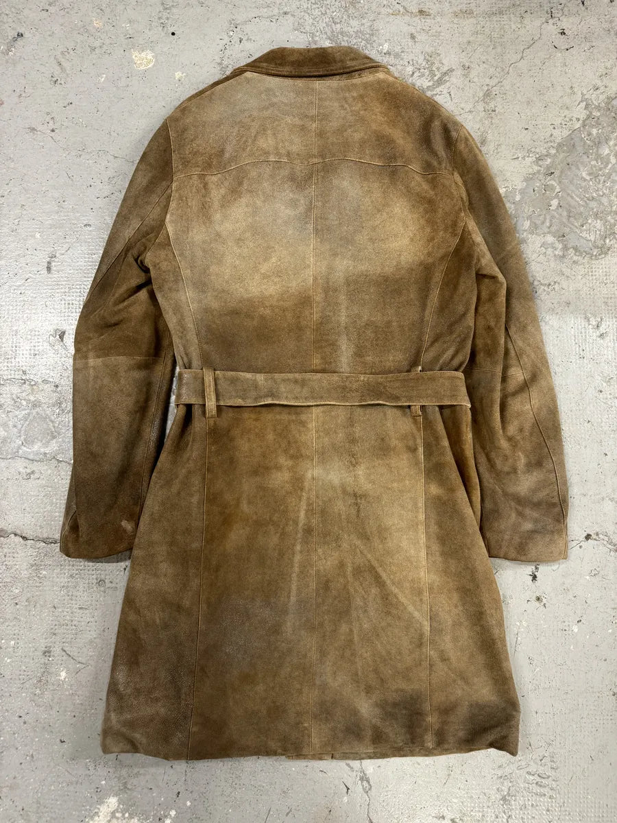 AW2003 Emporio Armani Eroded Brown Suede Leather Trench Coat  (M) FyXcOPJ 1