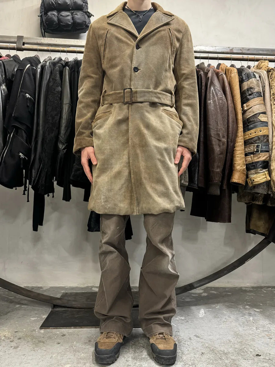 AW2003 Emporio Armani Eroded Brown Suede Leather Trench Coat  (M) FyXcOPJ 2