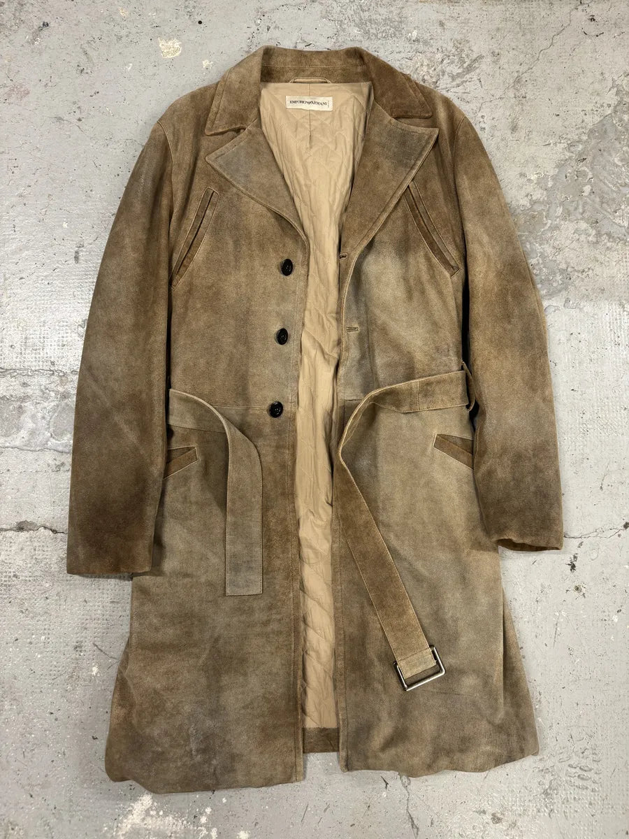 AW2003 Emporio Armani Eroded Brown Suede Leather Trench Coat  (M) FyXcOPJ 4