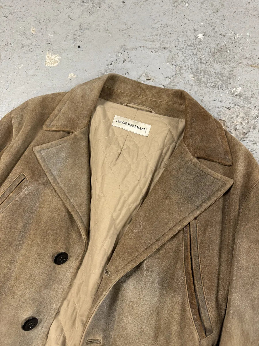 AW2003 Emporio Armani Eroded Brown Suede Leather Trench Coat  (M) FyXcOPJ 5