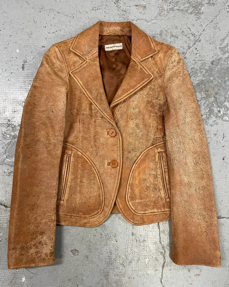AW2003 Emporio Armani Raw Distressed Leather Suit Jacket aIGMAbk 0