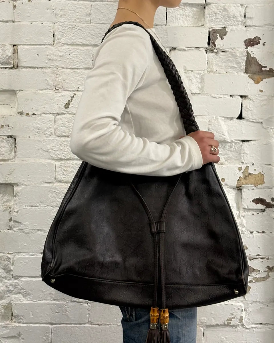 AW2003 Gucci Dark Brown Leather Bamboo Tassel Hobo Bag by Tom FOrd OGUFKwl 1