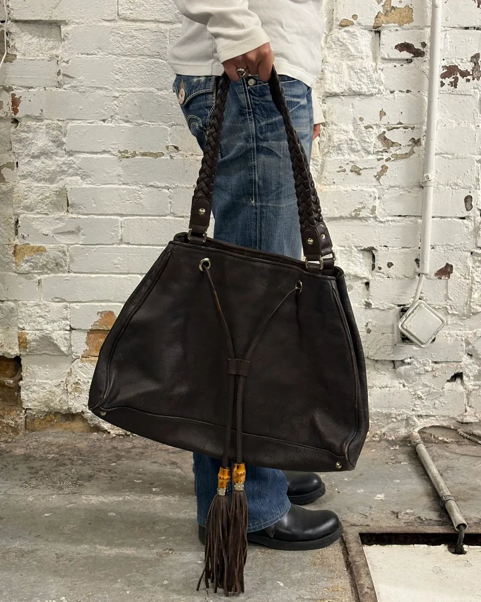 AW2003 Gucci Dark Brown Leather Bamboo Tassel Hobo Bag by Tom FOrd OGUFKwl 2