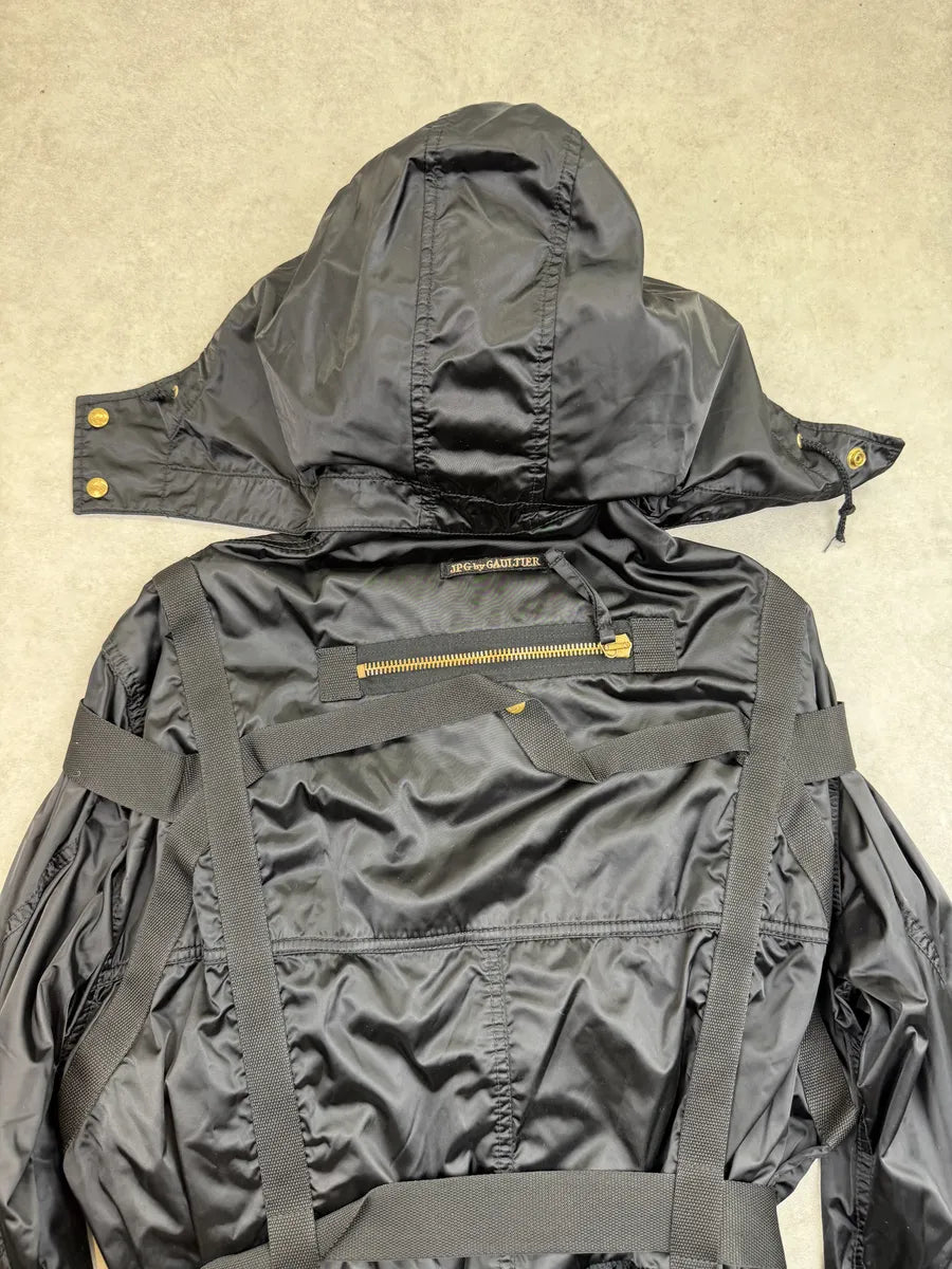 AW2003 Jean Paul Gaultier Black Bondage Long Parka Jacket UrWmmvk 3