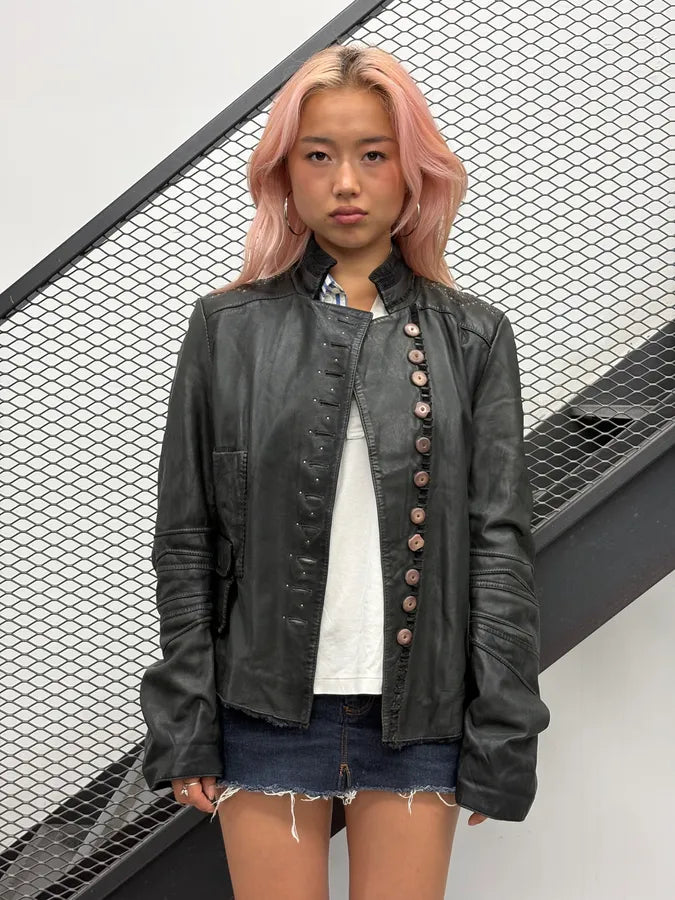 AW2003 Marithé + François Girbaud Black Buttoned Leather Biker Jacket dFSxiQV 1