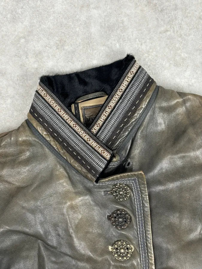 AW2003 Marithé + François Girbaud Grey Eroded Buttoned Asymmetrical Leather Jacket OInzVVj 3