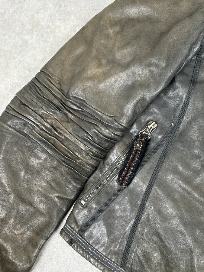 AW2003 Marithé + François Girbaud Grey Eroded Buttoned Asymmetrical Leather Jacket OInzVVj 9