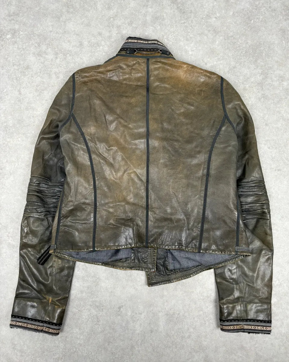 AW2003 Marithé + François Girbaud Grey Eroded Buttoned Asymmetrical Leather Jacket OInzVVj 4