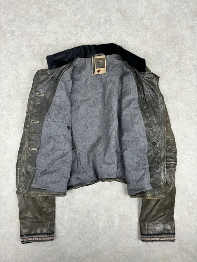 AW2003 Marithé + François Girbaud Grey Eroded Buttoned Asymmetrical Leather Jacket OInzVVj 6