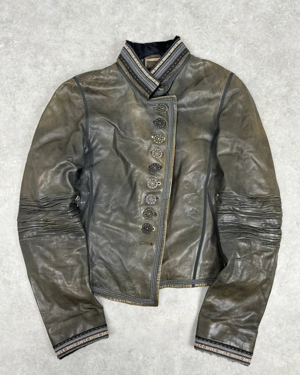 AW2003 Marithé + François Girbaud Grey Eroded Buttoned Asymmetrical Leather Jacket OInzVVj 0