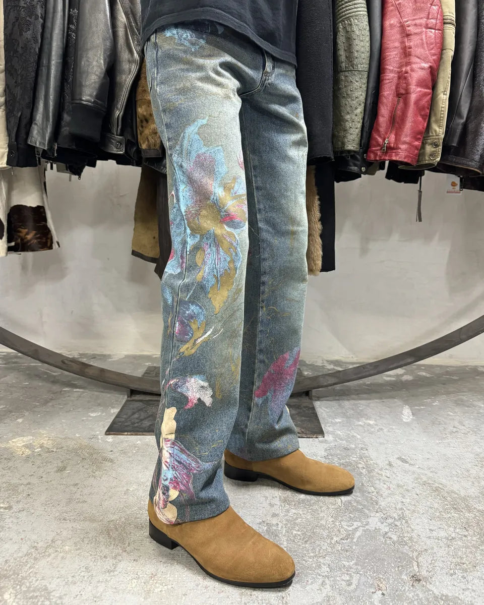 AW2003 Roberto Caballi Painted Flowers Art Blue Faded Denim Jeans (S) 0