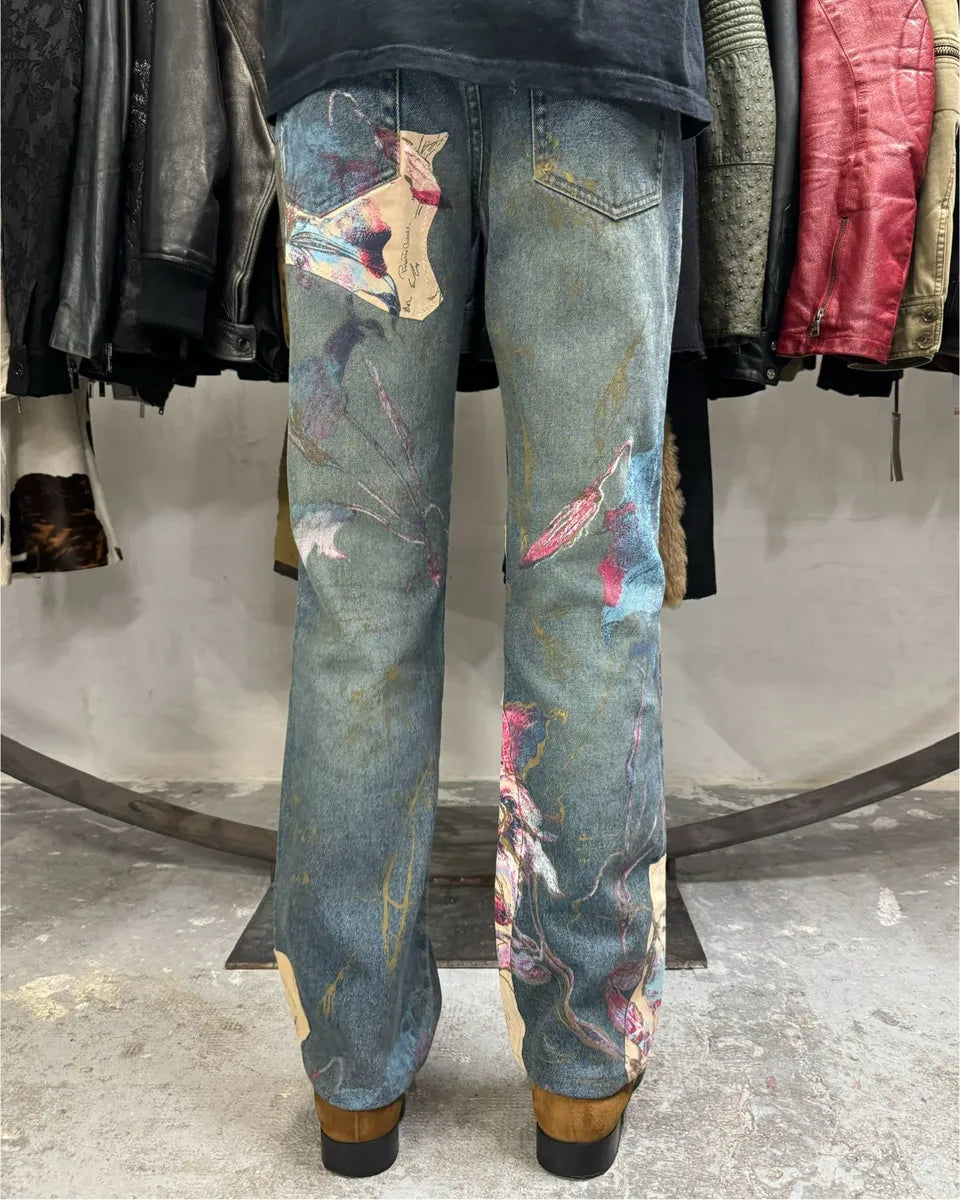 AW2003 Roberto Caballi Painted Flowers Art Blue Faded Denim Jeans (S) 1