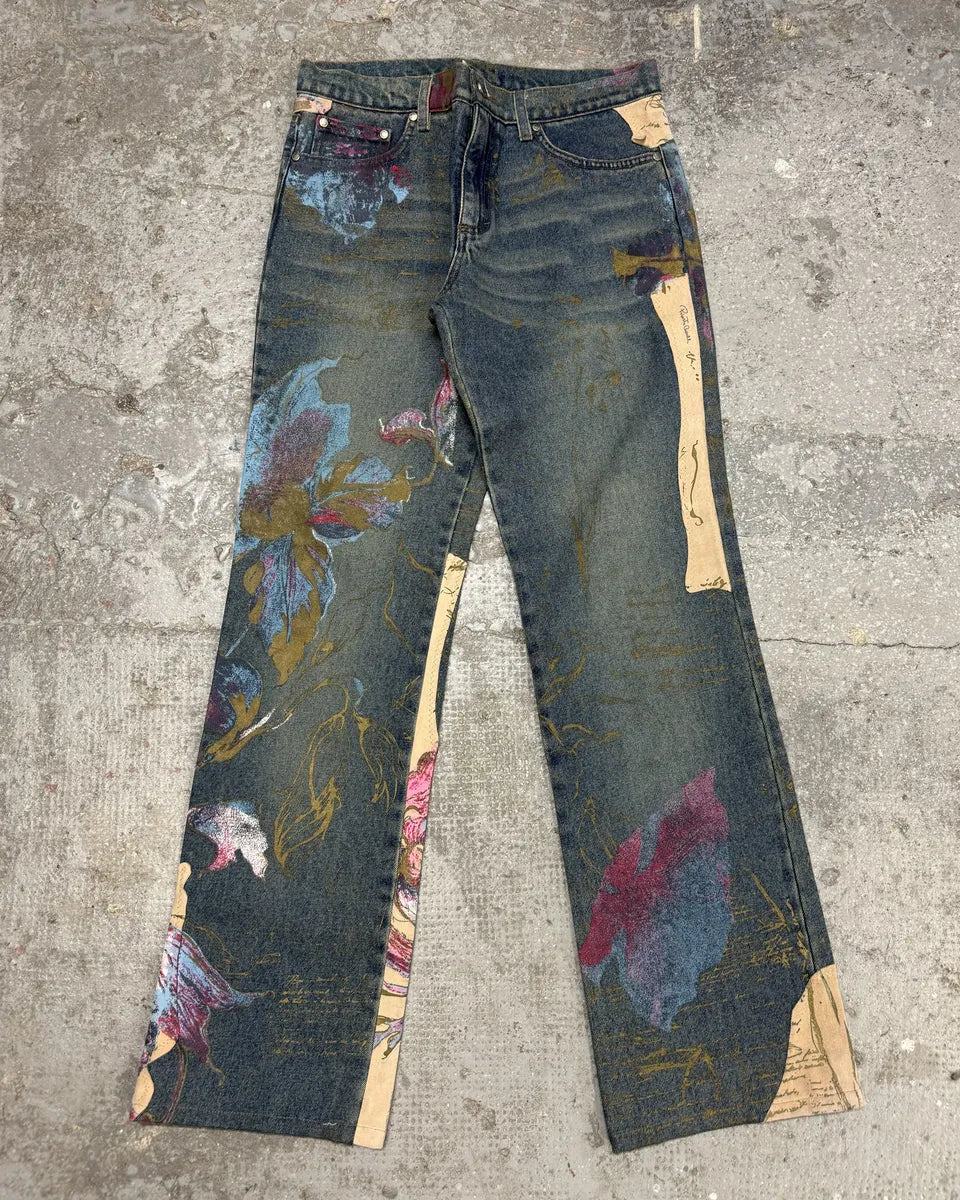 AW2003 Roberto Caballi Painted Flowers Art Blue Faded Denim Jeans (S) 2