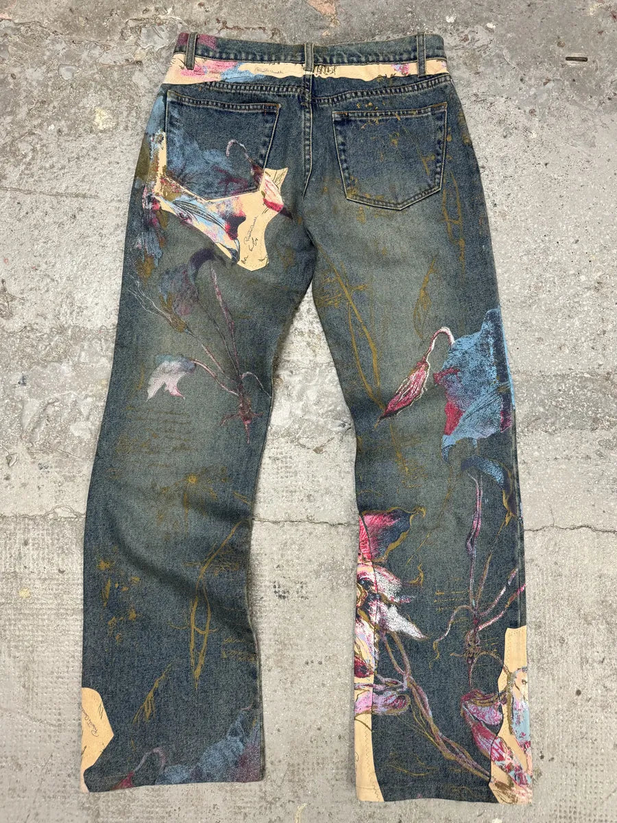 AW2003 Roberto Caballi Painted Flowers Art Blue Faded Denim Jeans (S) 3