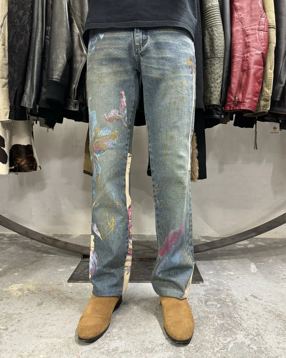 AW2003 Roberto Caballi Painted Flowers Art Blue Faded Denim Jeans (S) 4