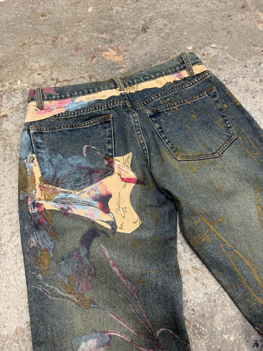 AW2003 Roberto Caballi Painted Flowers Art Blue Faded Denim Jeans (S) 5