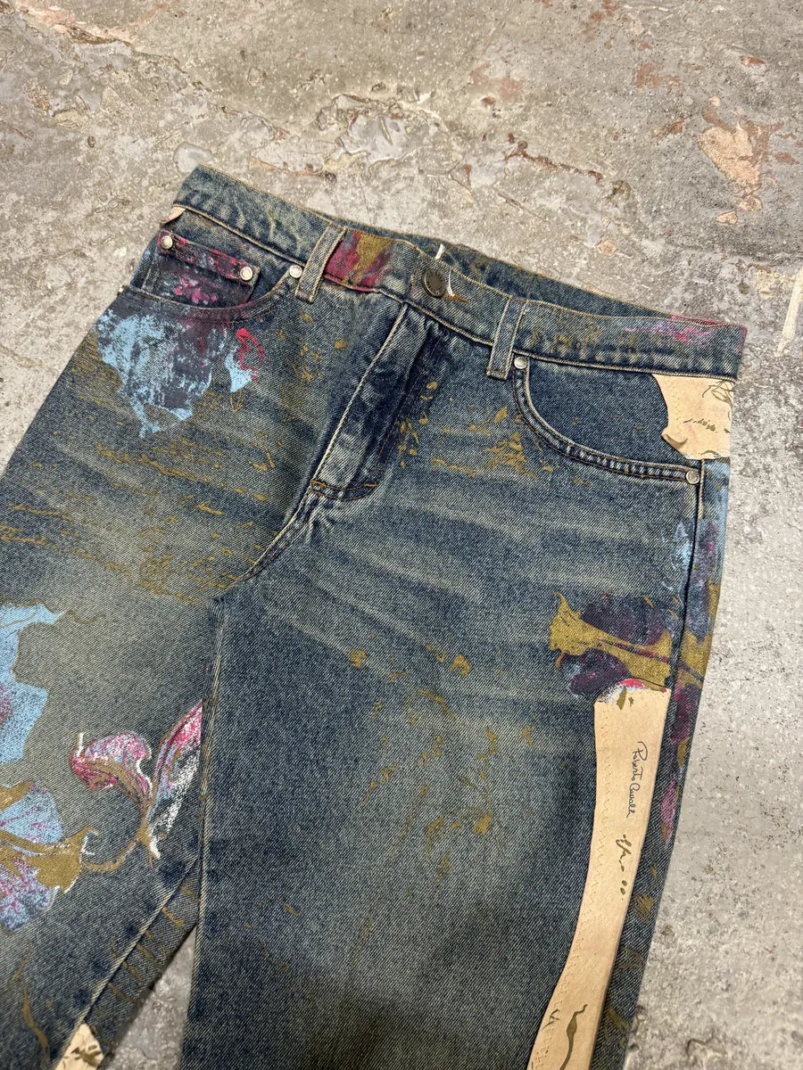 AW2003 Roberto Caballi Painted Flowers Art Blue Faded Denim Jeans (S) 7