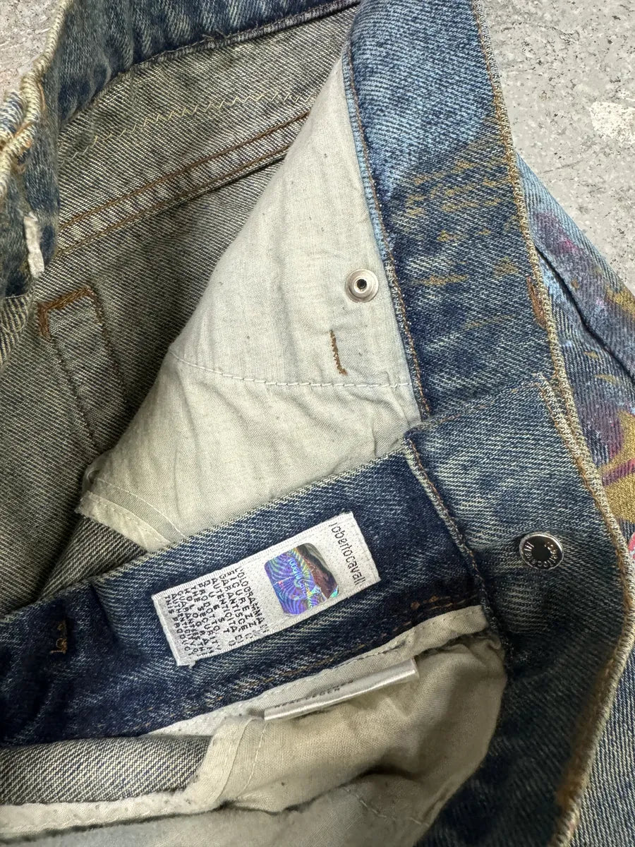 AW2003 Roberto Caballi Painted Flowers Art Blue Faded Denim Jeans (S) 8