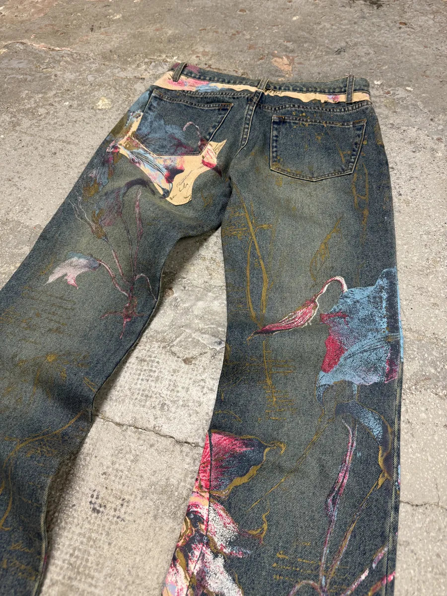AW2003 Roberto Caballi Painted Flowers Art Blue Faded Denim Jeans (S) 9
