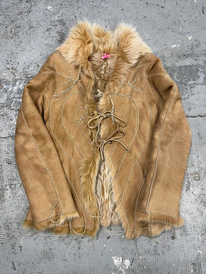 AW2003 Roberto Cavalli Beige Leather Hearts Shearling Jacket HkrZMjQ 0