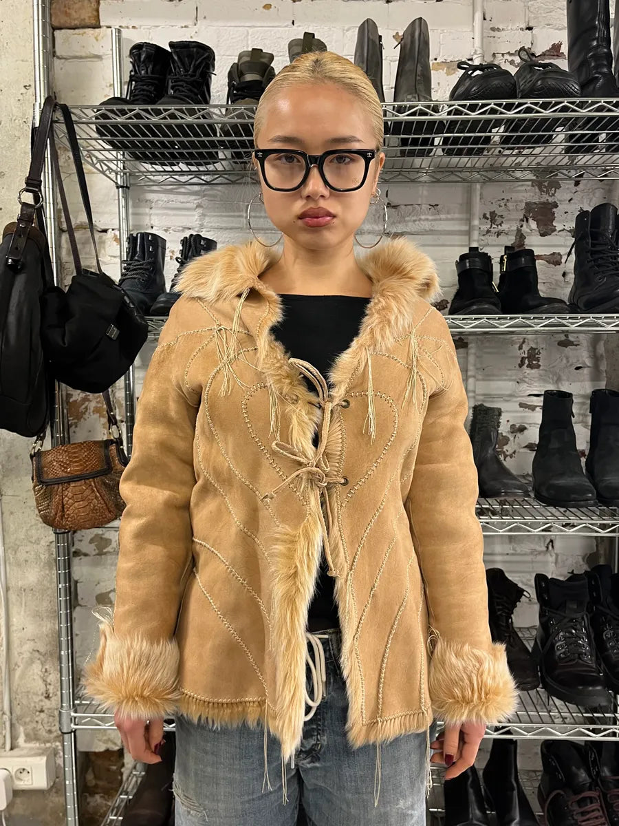 AW2003 Roberto Cavalli Beige Leather Hearts Shearling Jacket HkrZMjQ 1