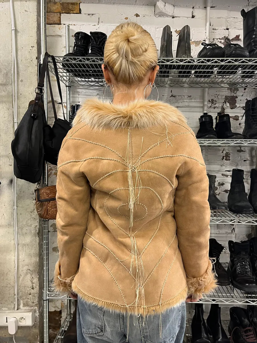 AW2003 Roberto Cavalli Beige Leather Hearts Shearling Jacket HkrZMjQ 2