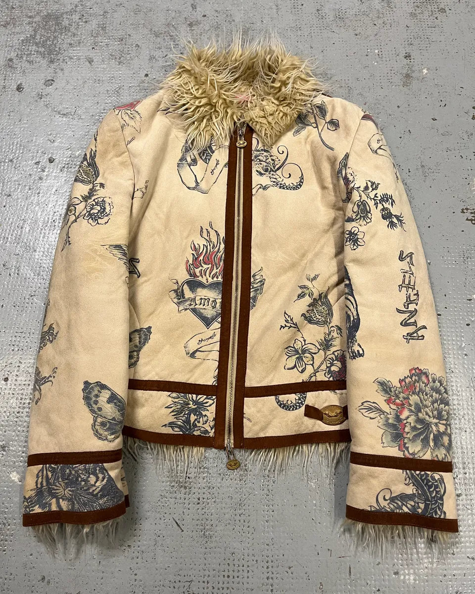 AW2003 Roberto Cavalli Beige Tattoo Hearth Fur-Collar Jacket wFyvOnc 0