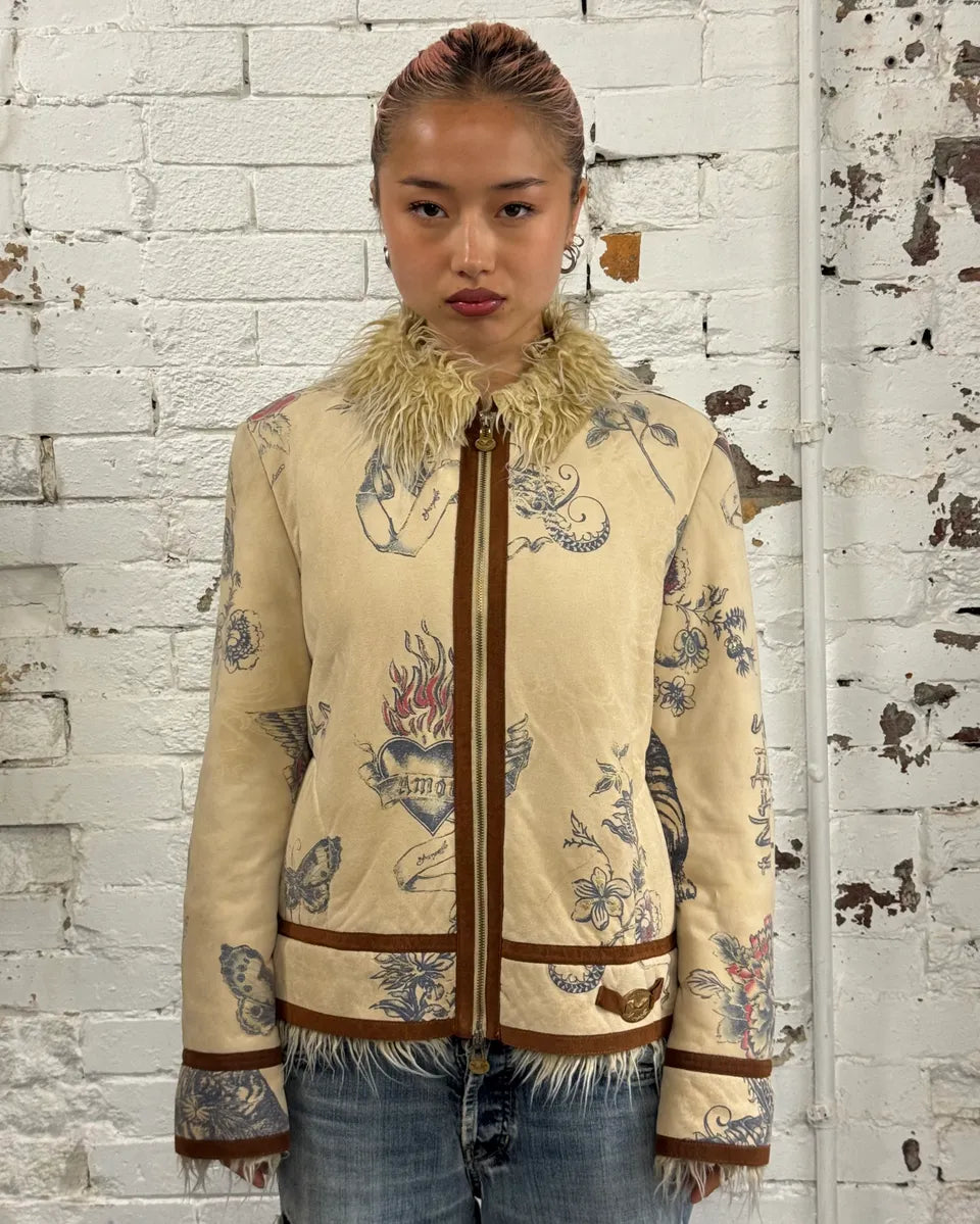 AW2003 Roberto Cavalli Beige Tattoo Hearth Fur-Collar Jacket wFyvOnc 1