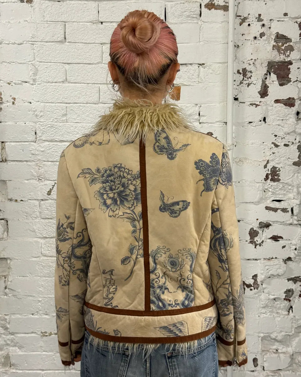 AW2003 Roberto Cavalli Beige Tattoo Hearth Fur-Collar Jacket wFyvOnc 2