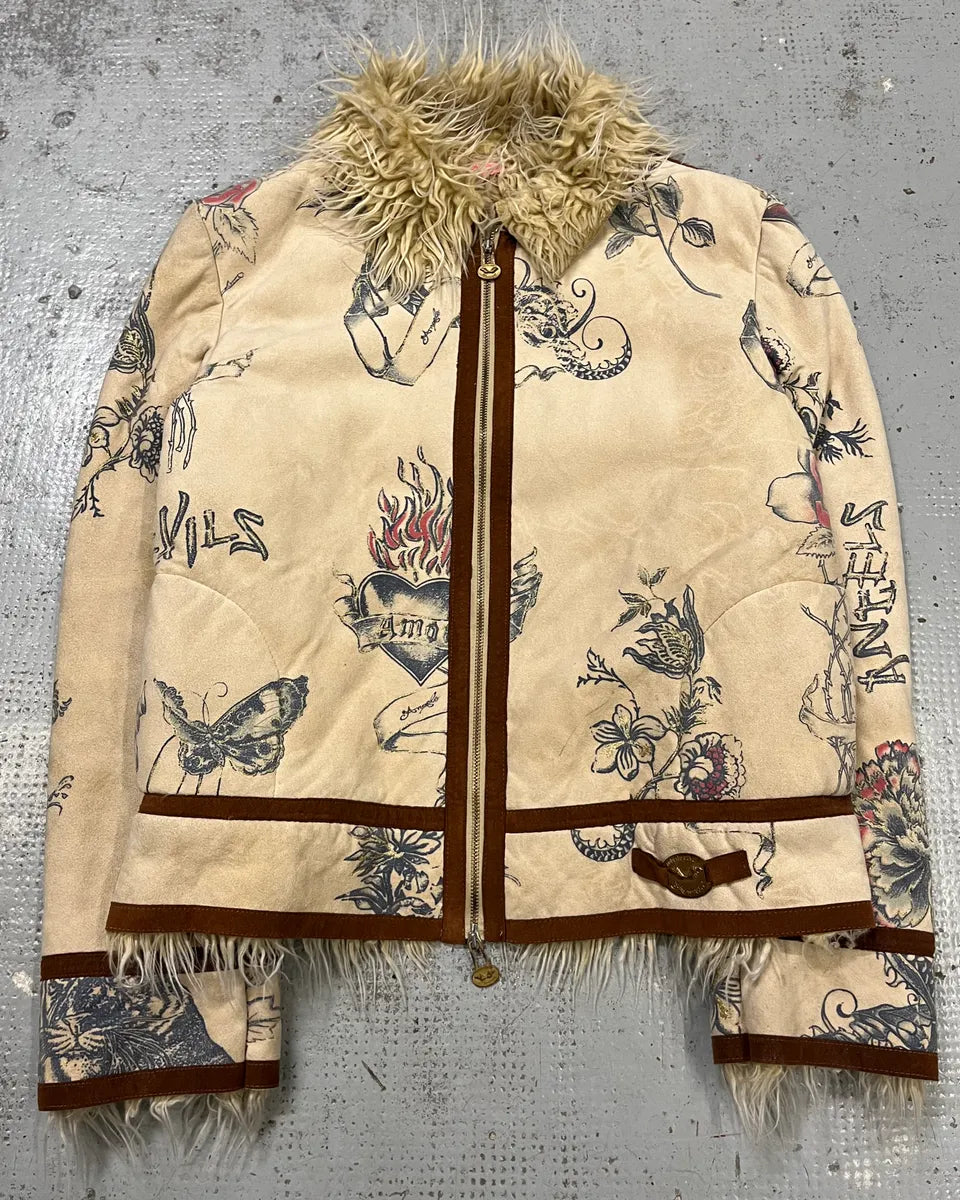 AW2003 Roberto Cavalli Beige Tattoo Hearth Fur-Collar Jacket wFyvOnc 3