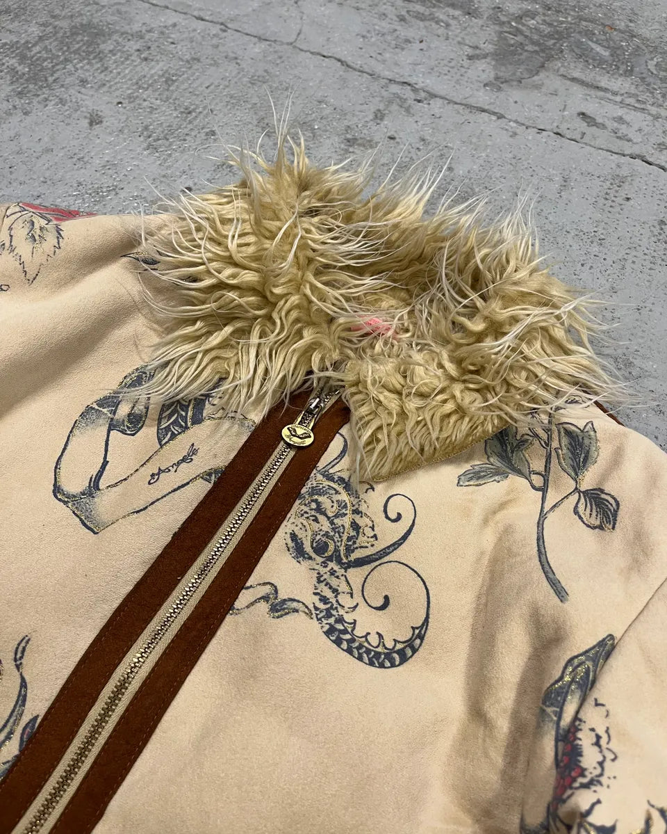 AW2003 Roberto Cavalli Beige Tattoo Hearth Fur-Collar Jacket wFyvOnc 4