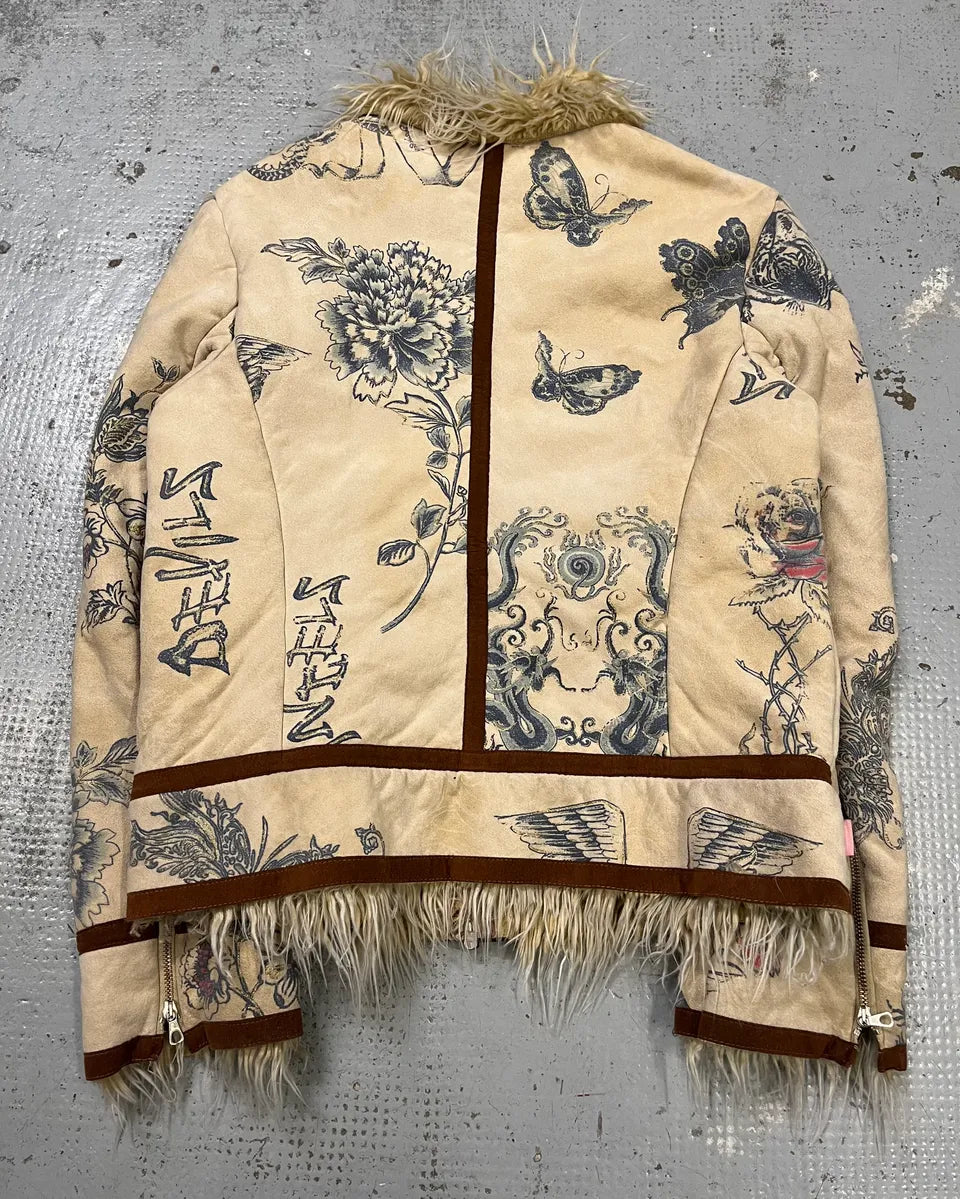 AW2003 Roberto Cavalli Beige Tattoo Hearth Fur-Collar Jacket wFyvOnc 6