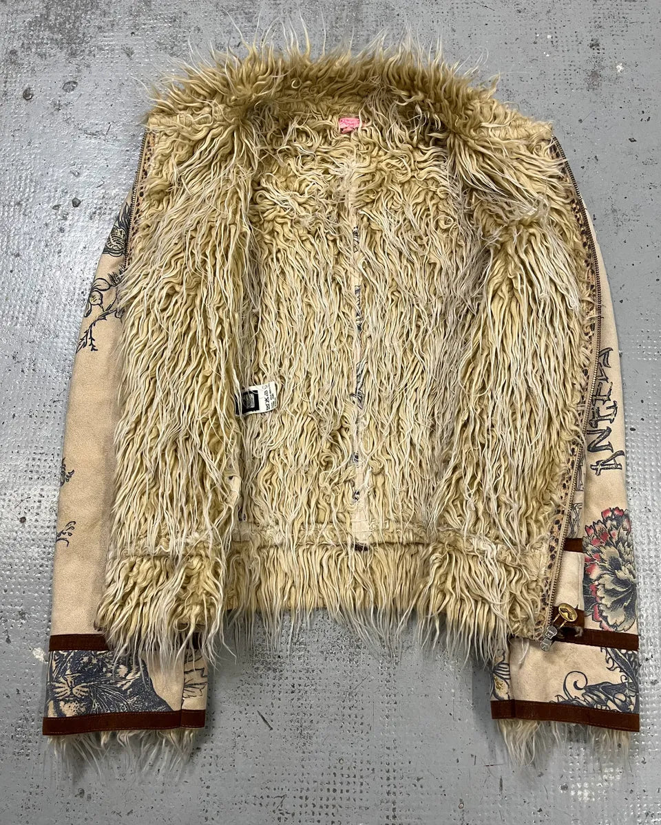 AW2003 Roberto Cavalli Beige Tattoo Hearth Fur-Collar Jacket wFyvOnc 7
