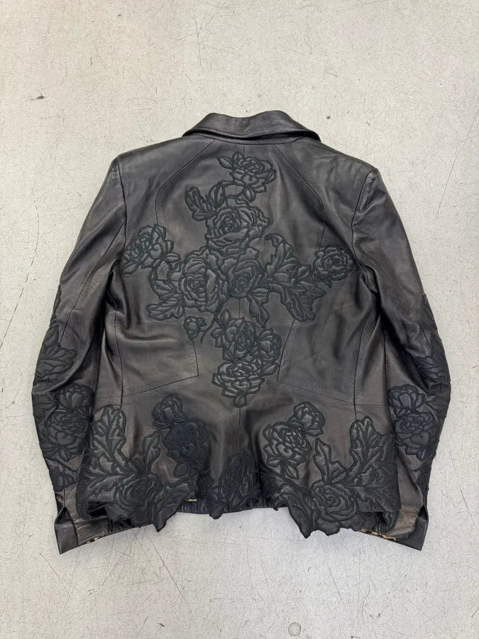 AW2003  Roberto Cavalli Black Leather Embroidered Flowers Leather Jacket HInnAic 0