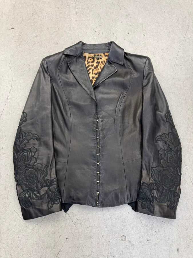 AW2003  Roberto Cavalli Black Leather Embroidered Flowers Leather Jacket HInnAic 1