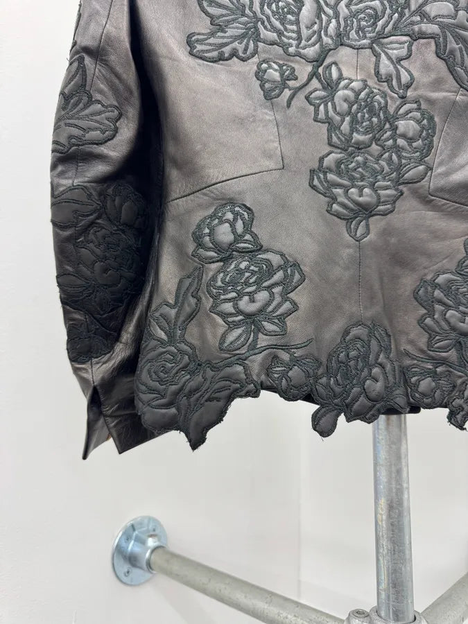 AW2003  Roberto Cavalli Black Leather Embroidered Flowers Leather Jacket HInnAic 10