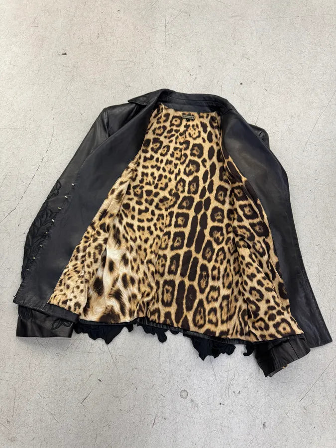 AW2003  Roberto Cavalli Black Leather Embroidered Flowers Leather Jacket HInnAic 2
