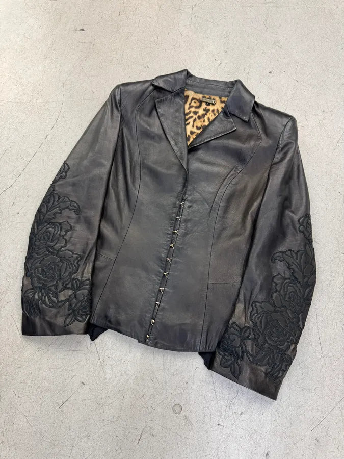 AW2003  Roberto Cavalli Black Leather Embroidered Flowers Leather Jacket HInnAic 3