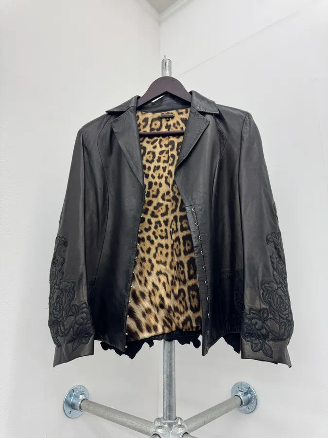 AW2003  Roberto Cavalli Black Leather Embroidered Flowers Leather Jacket HInnAic 4