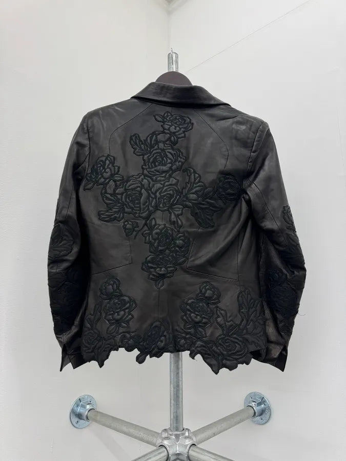 AW2003  Roberto Cavalli Black Leather Embroidered Flowers Leather Jacket HInnAic 5