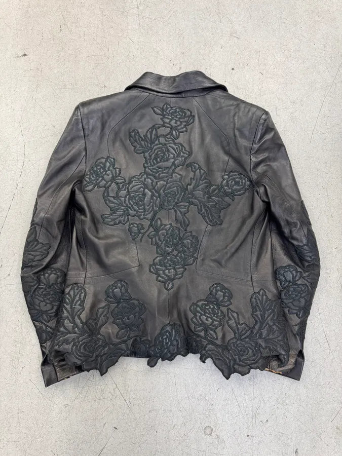 AW2003  Roberto Cavalli Black Leather Embroidered Flowers Leather Jacket HInnAic 7