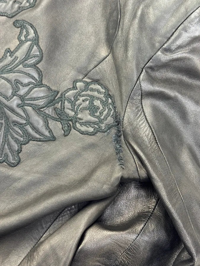 AW2003  Roberto Cavalli Black Leather Embroidered Flowers Leather Jacket HInnAic 8